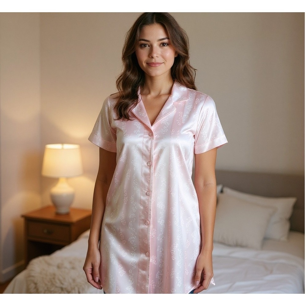 Vintage Christian Dior Lingerie Pink Floral Satin Nightshirt Lace Trim Petite